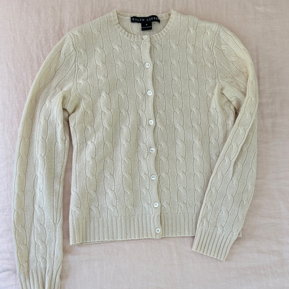 Ralph Lauren Ivory Cashmere Cable-Knit Button-Up Cardigan